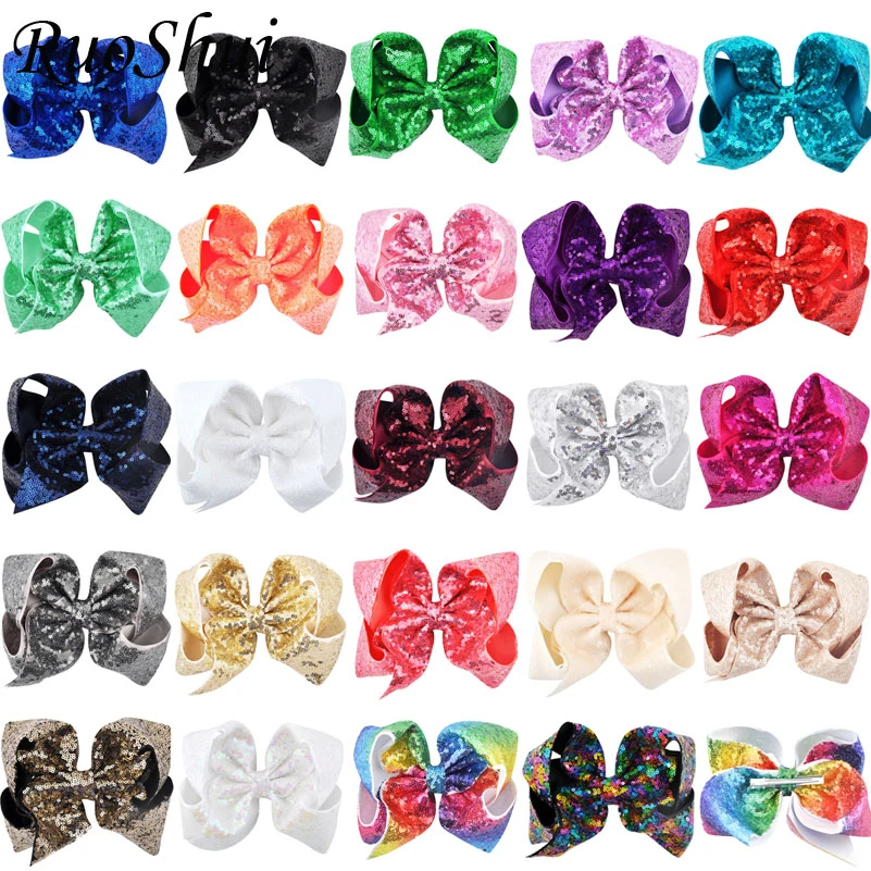 8 inch 24pcs/lot Rainbow Sequin Grosgrain Ribbon Big Large Hair Bows Alligator Clips Girls Hair Accessories Childrens Hairpins