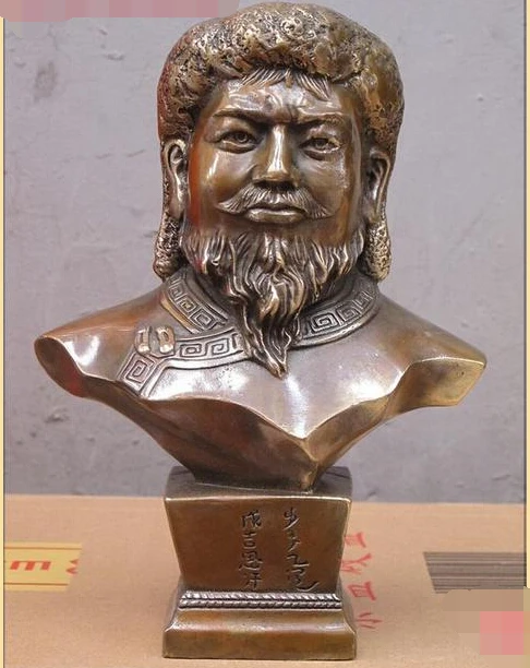 

9"Chinese pure Bronze Genghis Khan Jenghiz Khan Bust sculpture Statue