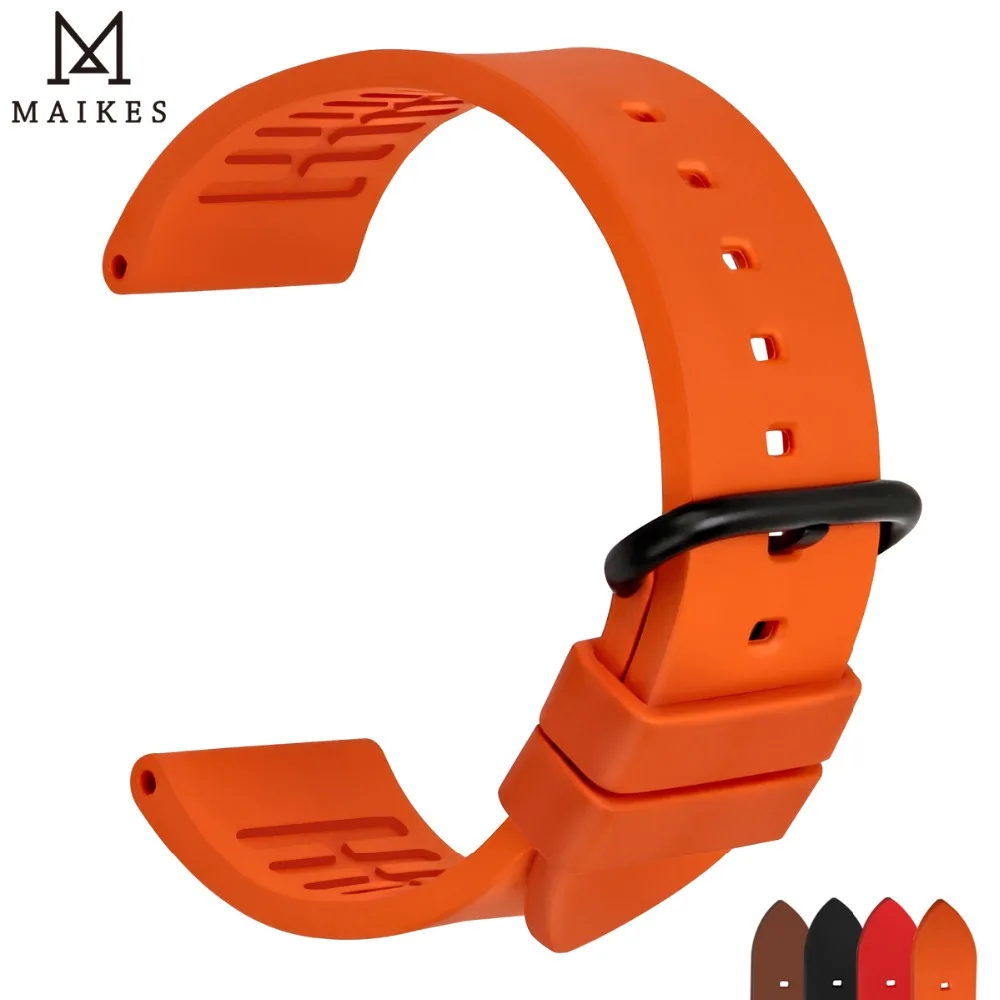 MAIKES Orange Sport Watch Band 20mm 22mm 24mm Watch Accessories Watchband With Black Buckle Rubber Watch Strap For Omega