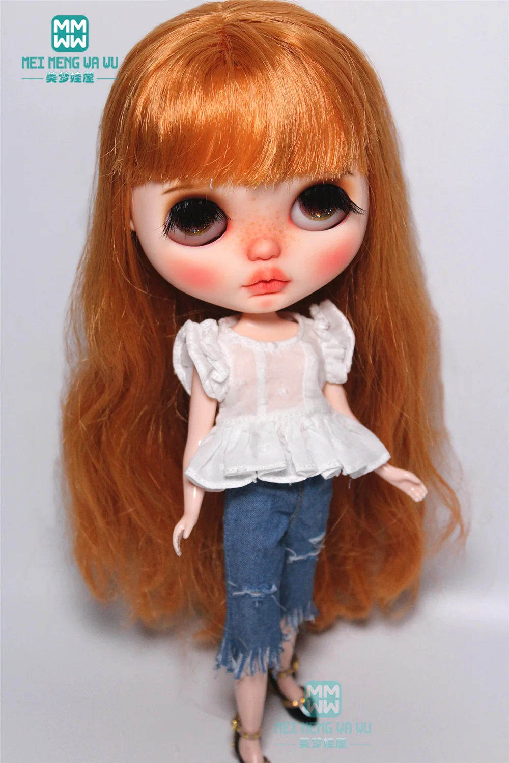 Blyth Doll Clothes fashion White shirt, shredded jeans for 28-30cm Blyth Azone OB22 OB24 doll accessories