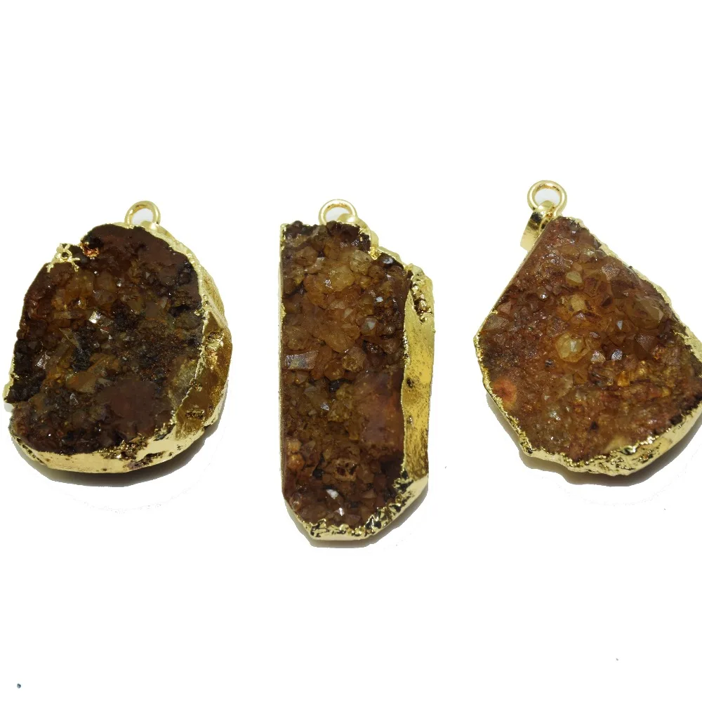 Lava stone Geode druzy pendant lot gold Plated Jewelry making large yellow quartz crystal natural stones gem 5pc random charms