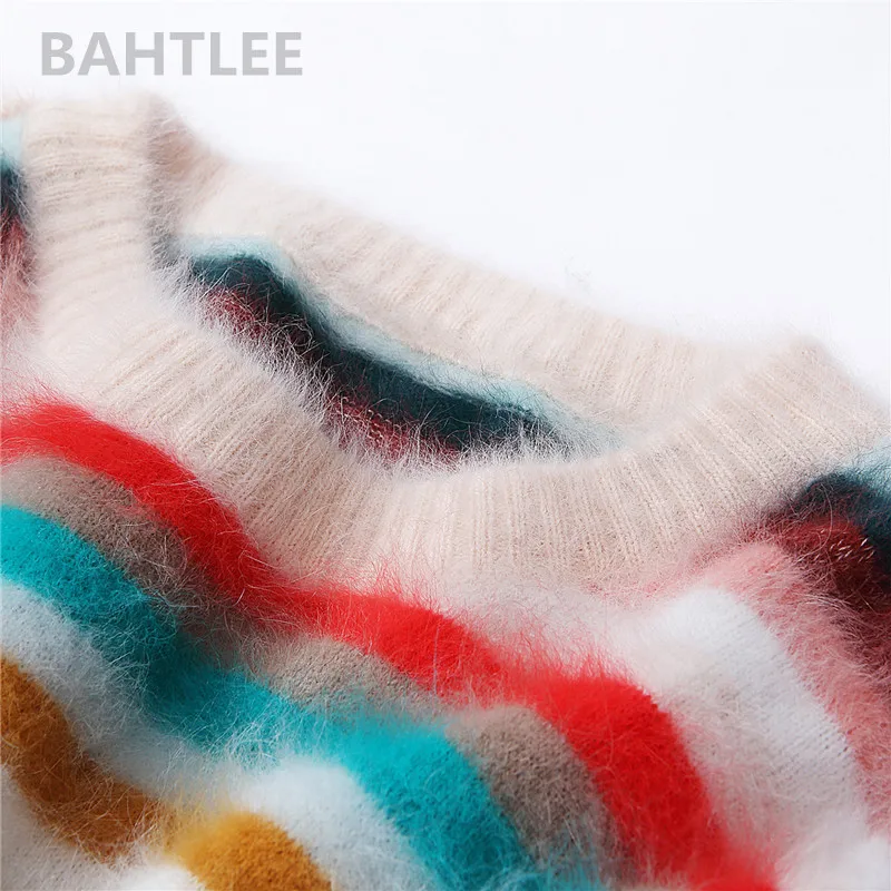 BAHTLEE-Women\'s Angora Rabbit Rainbow Patter Knitted Pullovers, Casual Long Sleeves Sweater, Loose Sweater, Keep Warm, Autumn, W