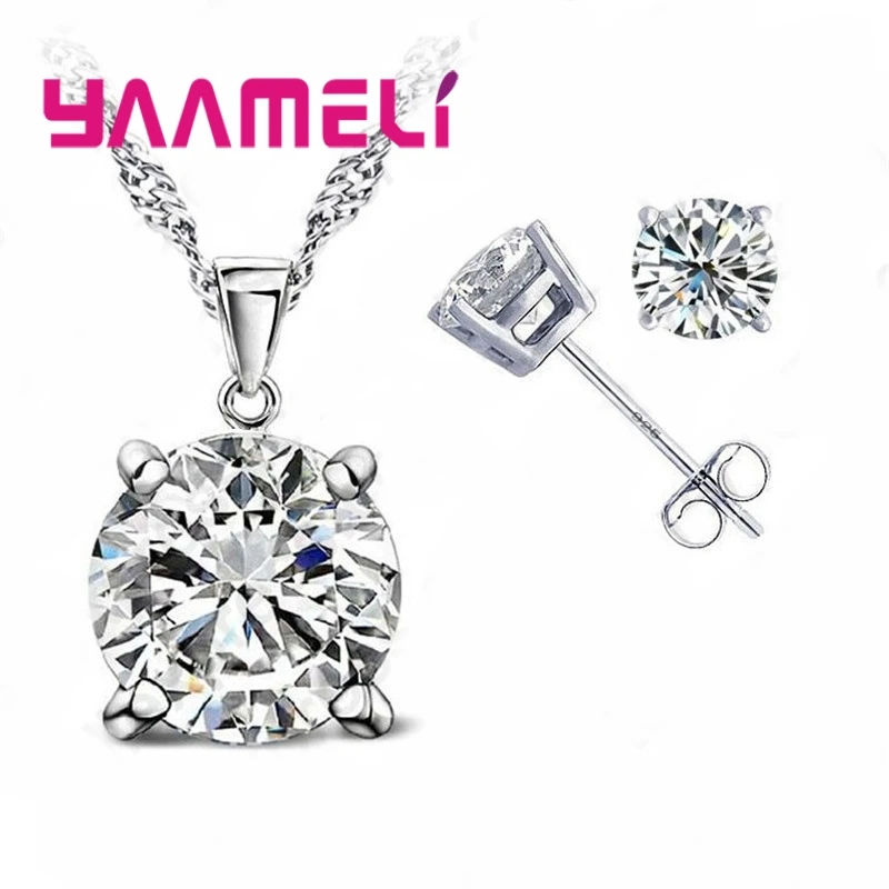 925 Sterling Silver Shiny Cubic Zirconia Necklace & Earrings Set
