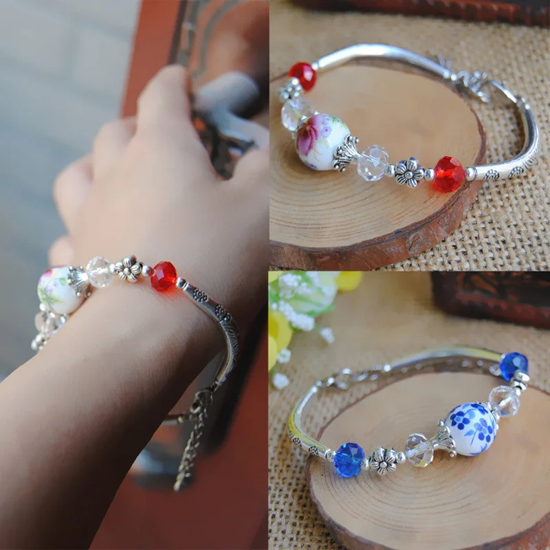 Cute New Girl Blue and White Porcelain Flower Bead Bracelet Women Lucky Vintage Chinese Style Flower Bracelet Jewelry Party Gift