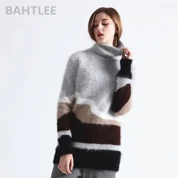 BAHTLEE-pullover lavorati a maglia a collo alto Angora da donna, maglione di lana, Design a foro, maniche lunghe, tenere al caldo, sciolto, inverno