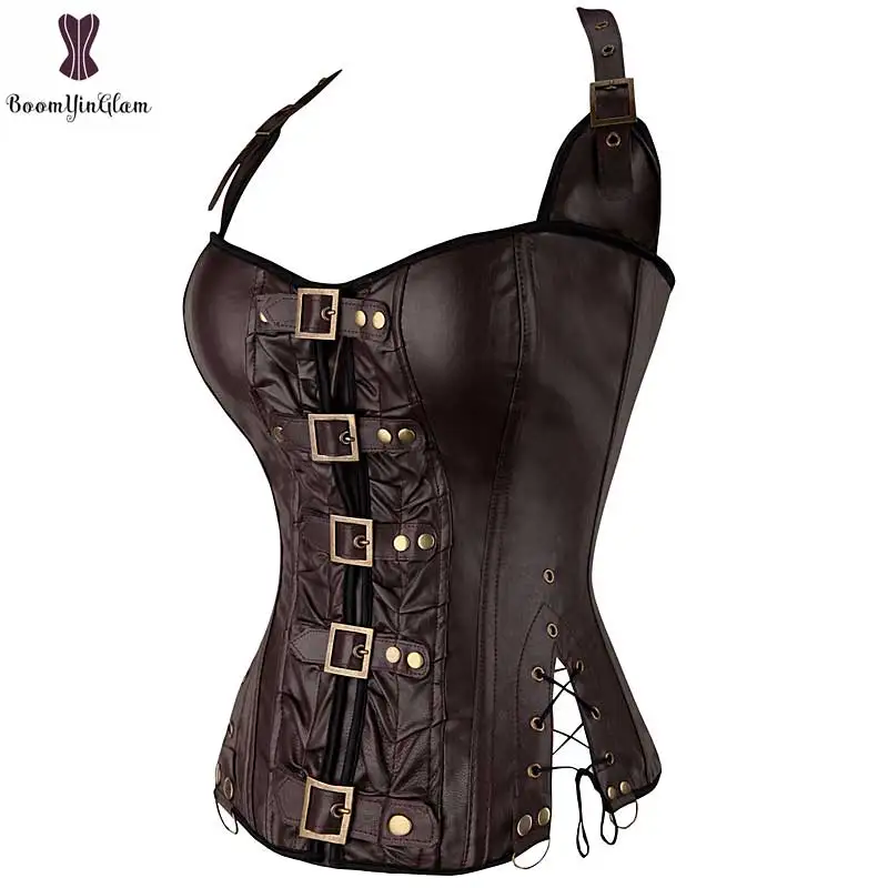 Black Halterneck Corset Overbust Steampunk Gothic Korse Belt Coffee Punk Korset G-string Corselet Buckle Gorset Boned Bustier