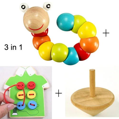 Baby Toys 3 In 1 Early Learning Set Wooden Toy  Spinning top + Twisting Worm + Button  Beads  WAP002