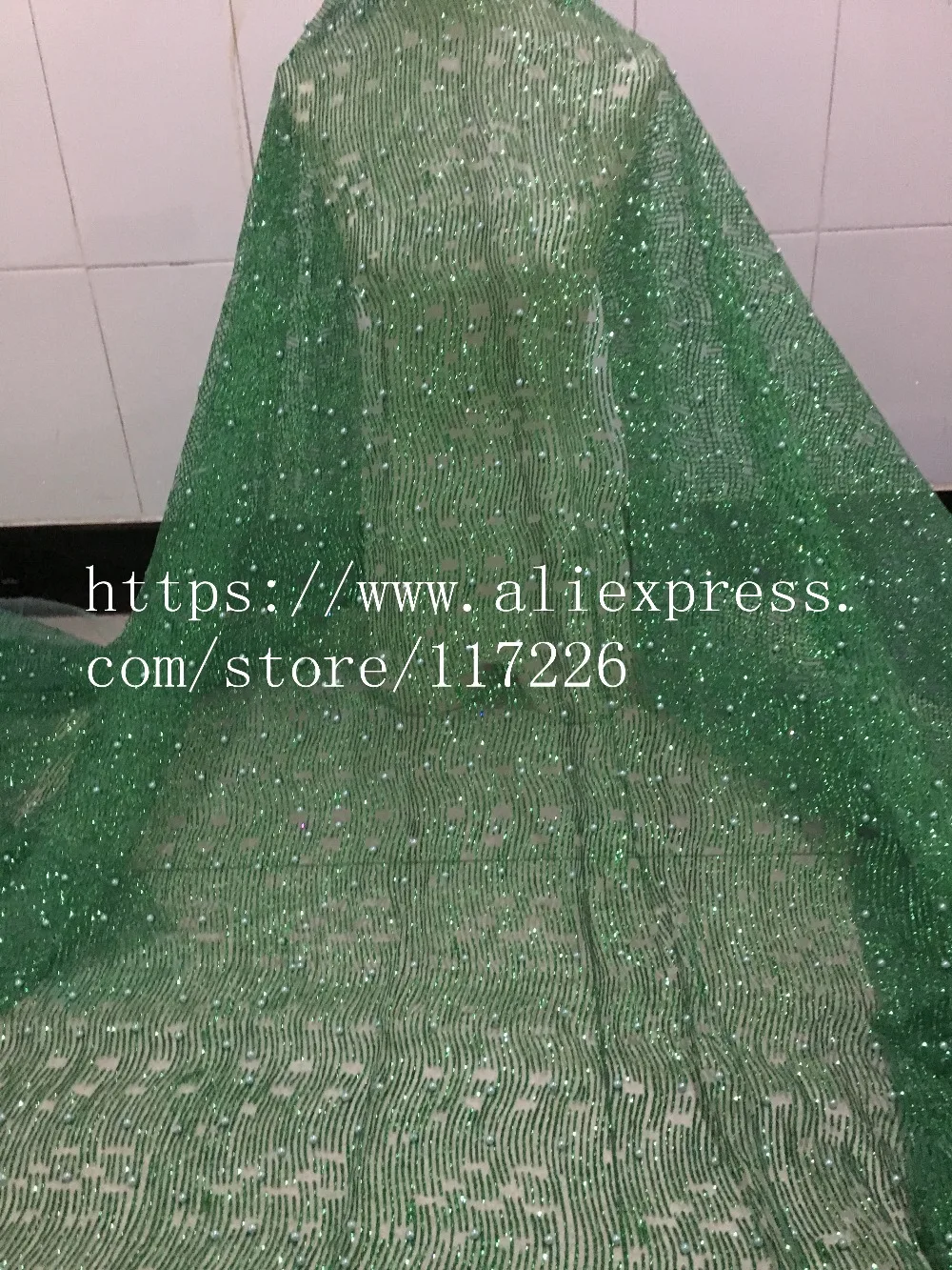 

sparkly green glued glitter african Tulle lace hot sale french net lace fabric JRB-89214 for fashion dress with beads