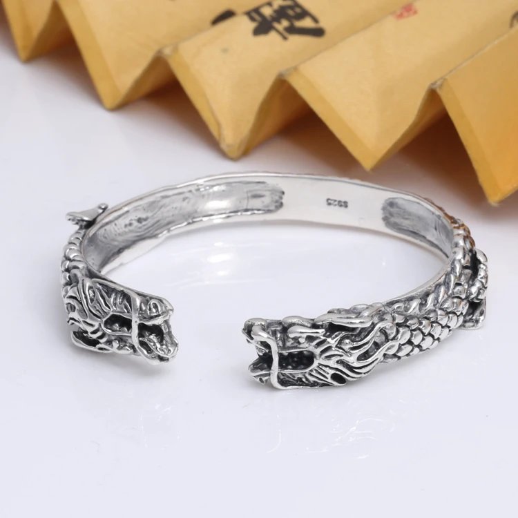 Handmade Thailand 925 Silver Dragon Bangle Vintage Sterling Silver Dragon Cuff Bracelet Real Pure Siver Good Luck Man Bracelet