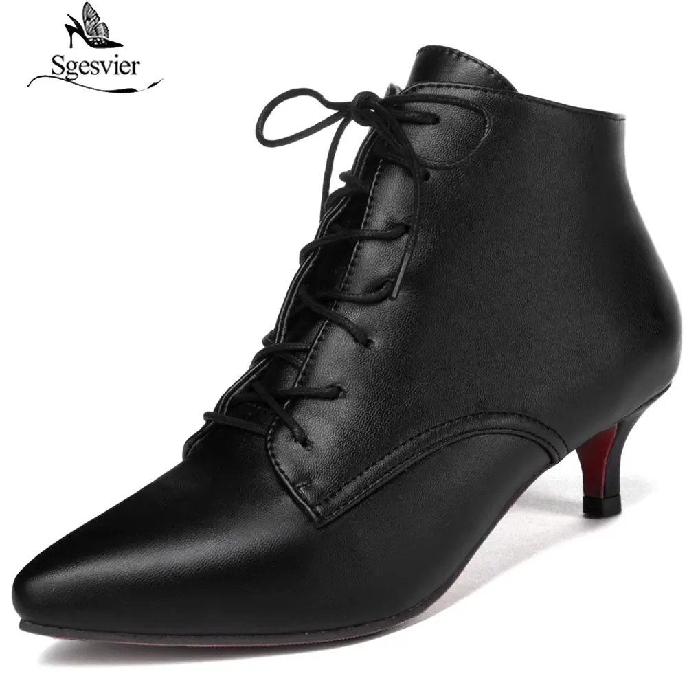 Sgesvier New Fashion women pointed toe lace-up med heel ankle boots lady solid thin heel short boots black red Size 33-46 B882