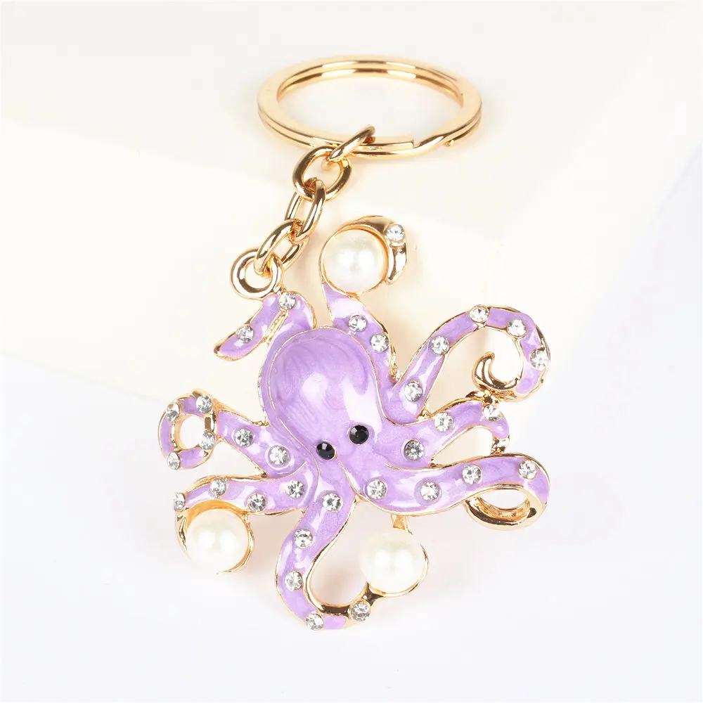 Purple Octopus Pearl Cute Crystal Charm Purse Handbag Car Key Keyring Keychain Party Wedding Birthday Gift