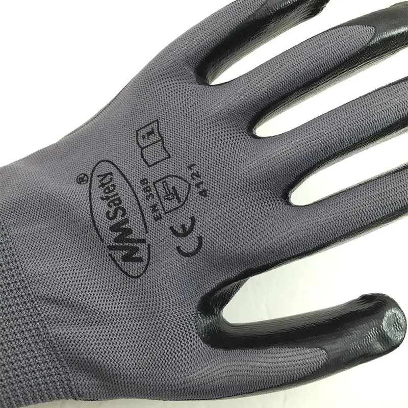 NMSafety 13 Gauge Grey Nylon Black Nitrile Dipping Work Safety Auto Repairs Gloves