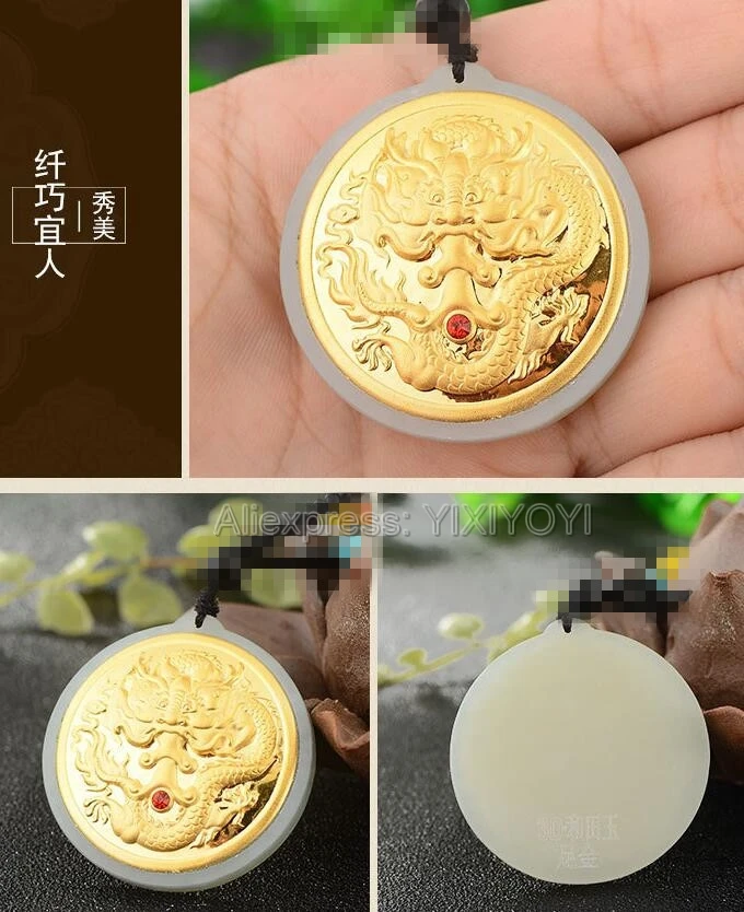 Natural White Hetian Jade + 18K Solid Gold Inlaid Carved Dragon Head Lucky Pendant + Rope Necklace Fine Jewelry + Certificate