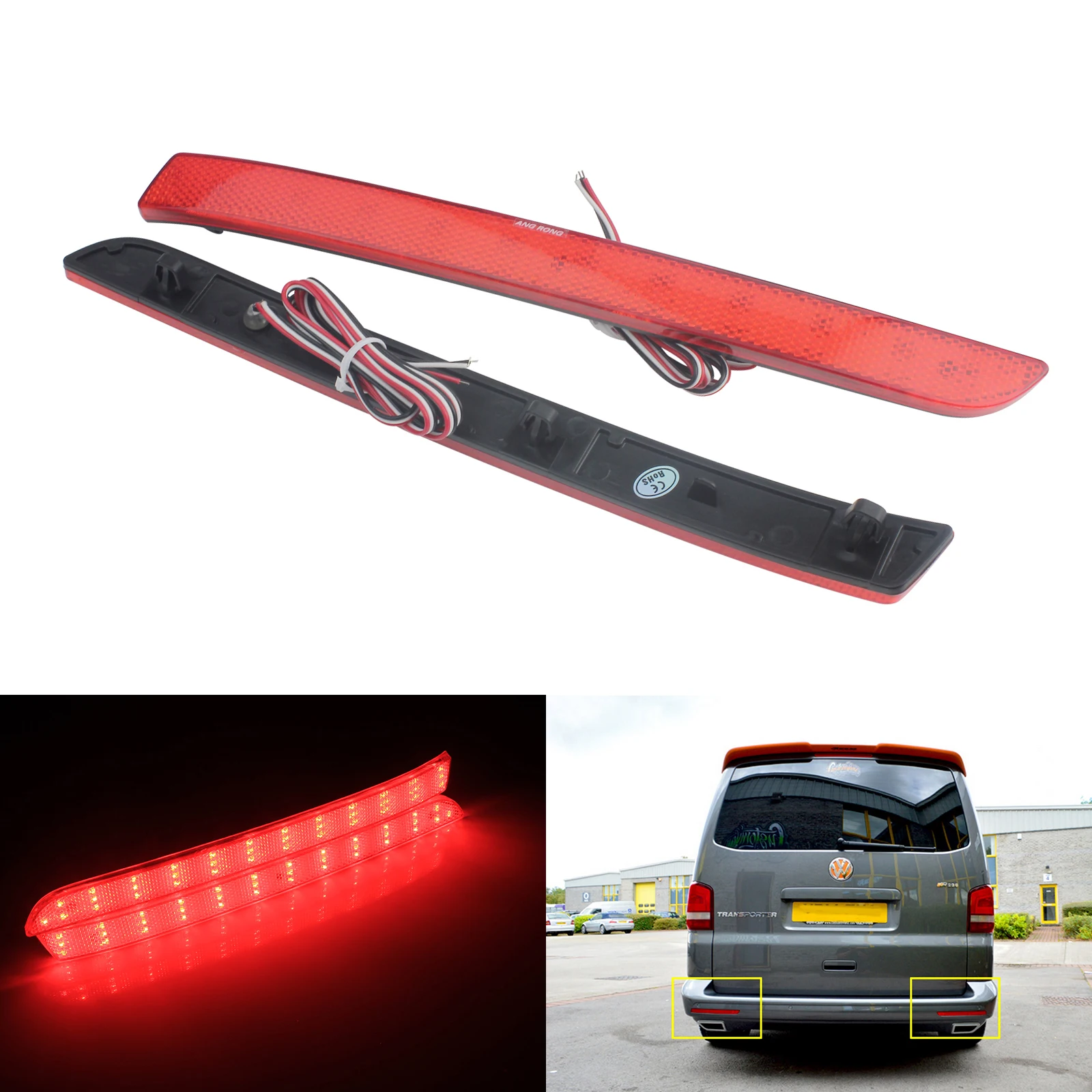 ANGRONG 2 Red Lens LED Rear Bumper Reflector Tail Stop Light For VW T5 Transporter 12-16