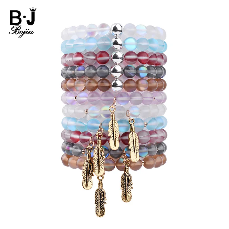 BOJIU 8mm Synthetic Frosted Glass Beads Bracelets For Women Trendy Labradorite Leaf Charm Bracelet With Rainbow Reflection BC262