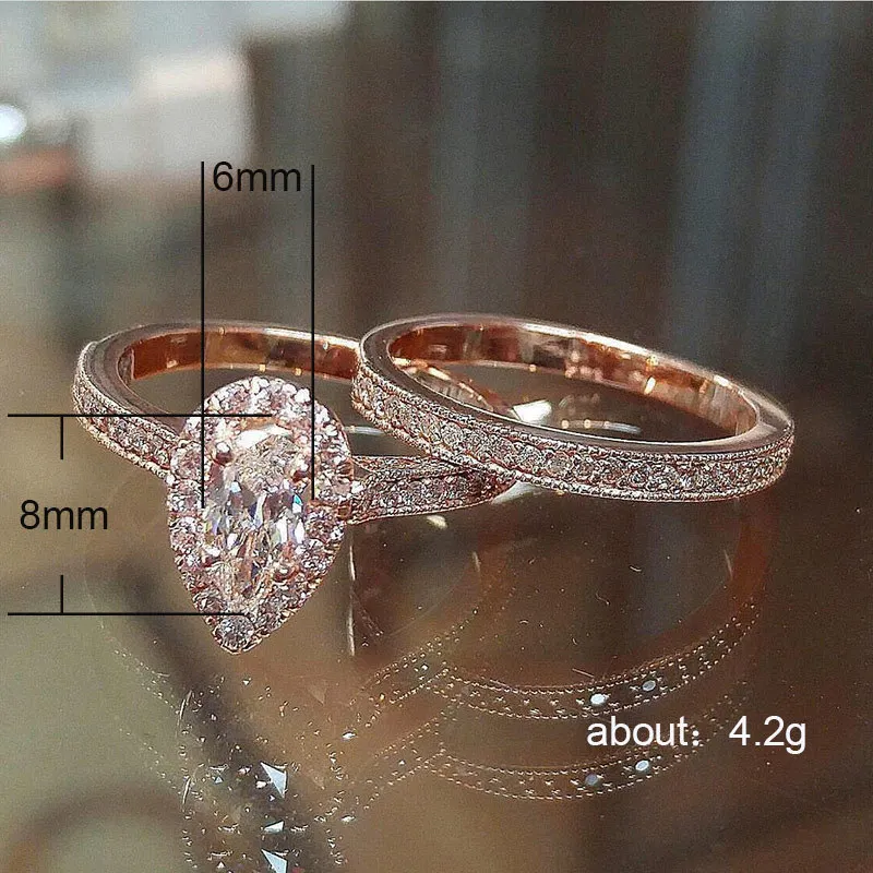 Huitan Classic Solitaire Ring Water Drop 2PC Ring With Micro Paved Elegant Bridal Ring Wedding Anniversary Ring Band For Women