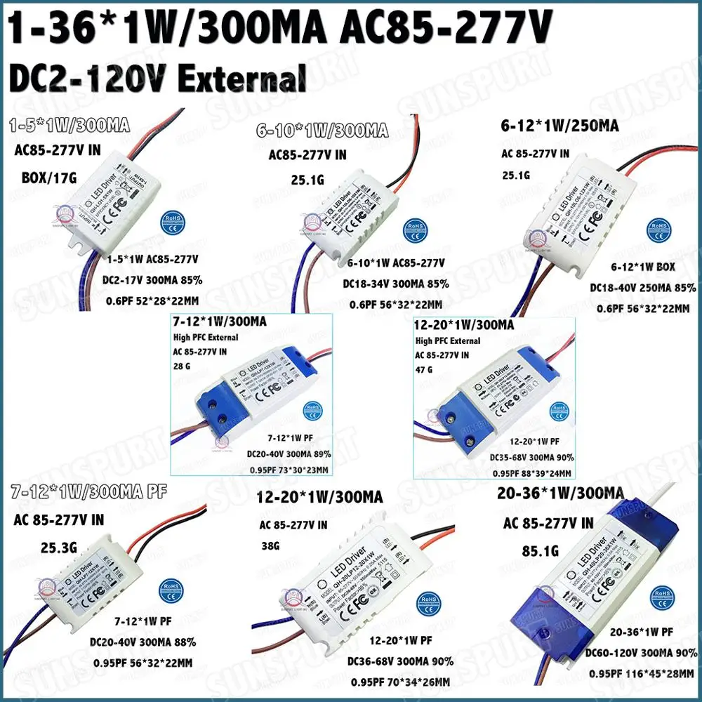 External 1-36W PFC AC85-277V LED Driver 1-5x1W 6-10x1W 7-12x1W 12-20x1W 20-36x1W 300mA DC2-120V Constant Current Free Shipping