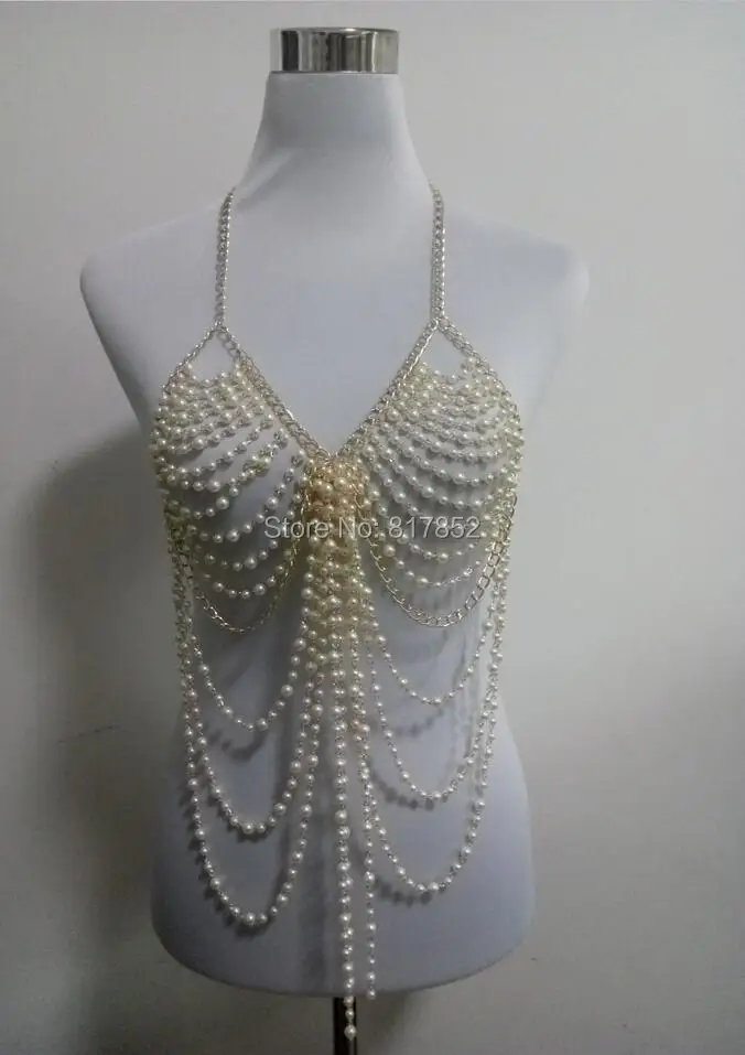 

New Style Fashion Women Gold Colour Chains Imitation Pearls Beads Bra Body Chains Jewelry 2 Colors WRB21