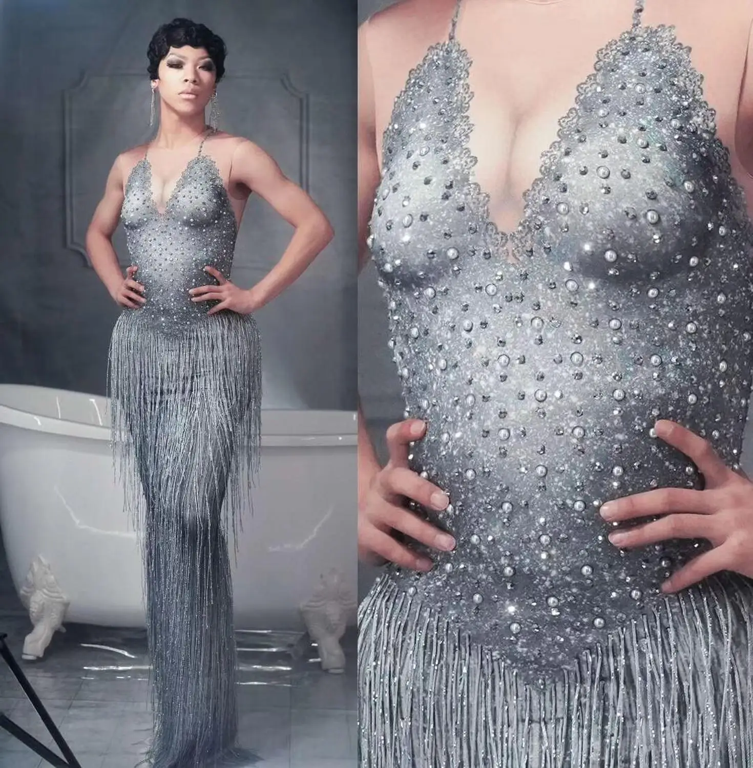 

Glisten Rhinestones Silver Tassel Bodysuit Sleeveless Big Stretch Women's Party Prom Bar Outfit Stage Female Singer Long Dress