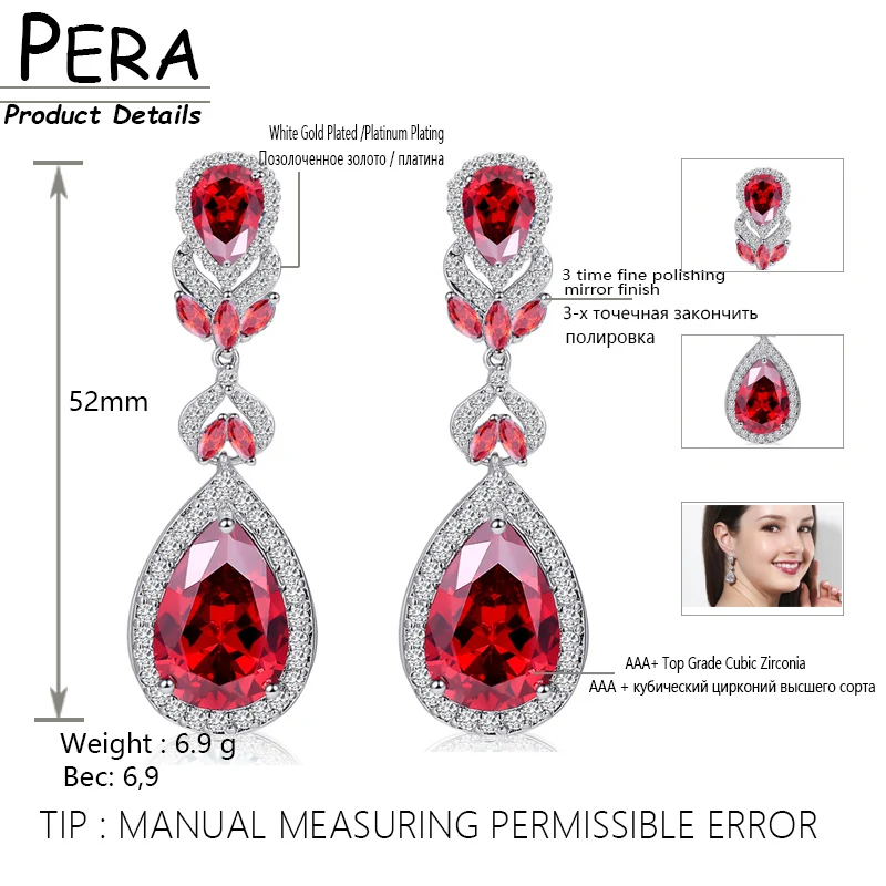 Pera Brand Luxury Women Party CZ Stone Silver Color Jewelry Big Pear Cut Drop Purple Long Dangle Cubic Zirconia Earrings E223