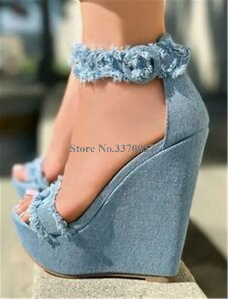 New Fashion Women Summer Blue Denim High Platform Wedge Sandals Ankle Straps Fringes Height Increased Jean Sandals Sexy Shoes