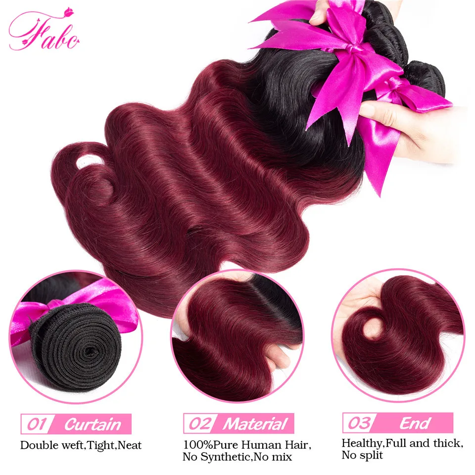 FABC Pre-Colored Ombre Burgundy Brazilian Hair Bundles With Closure Body Wave Human Hair Weave Bundles With Closure Remy Hair