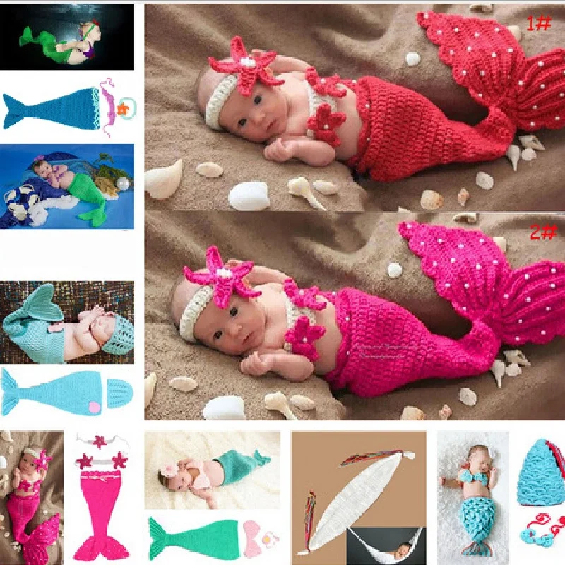 

Mermaid Photography Props Baby Girl Receiving Blankets Wool Crochet Bikini Newborn Sleeping Bag Swaddling Wrap Bedding Quilt