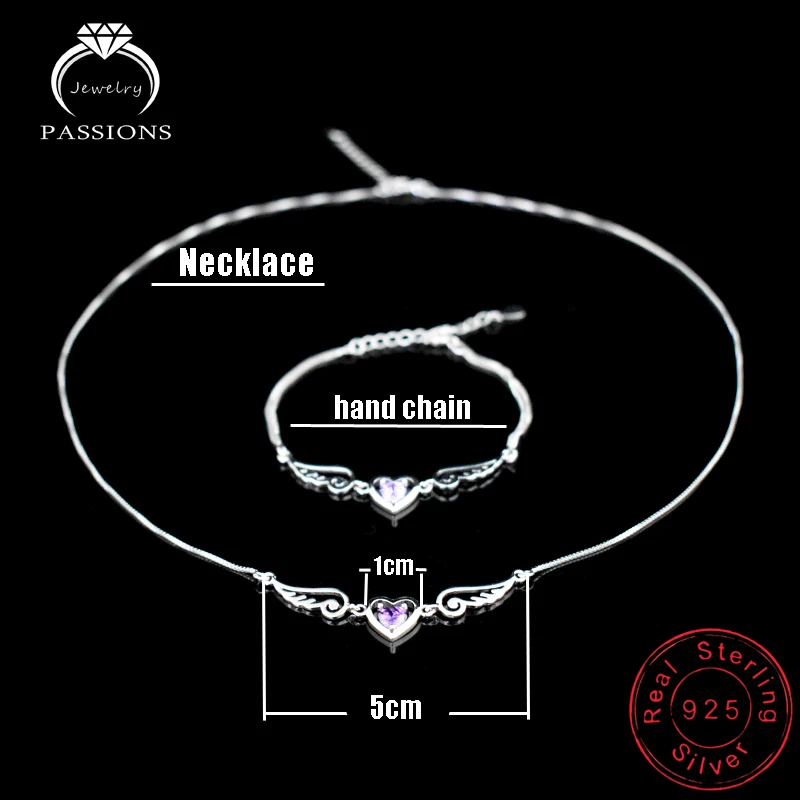Moda 925 Sterling srebrne dla zakochanych serce wisiorek anielskie skrzydło zestaw biżuterii A + Cubic naszyjnik z cyrkonią bransoletka dla kobiet zestawy biżuterii