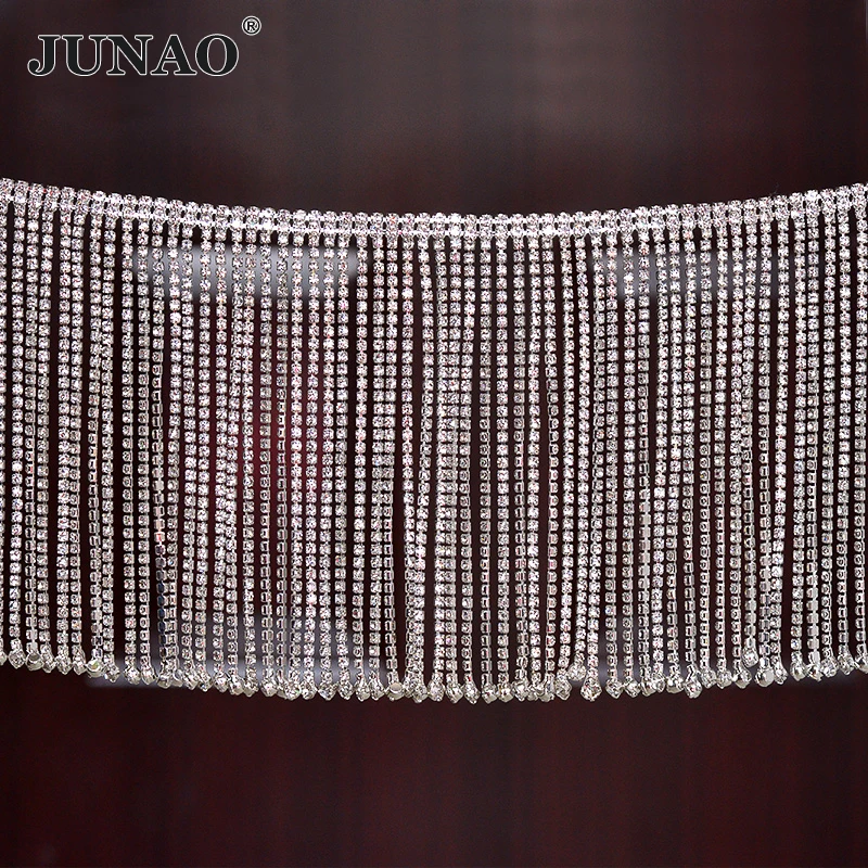 JUNAO 45cm/lot Crystal AB Glass Rhinestone Chain Fringe Tassels Sewing Metal Trim Crystal Applique Strass Banding Clothes Crafts
