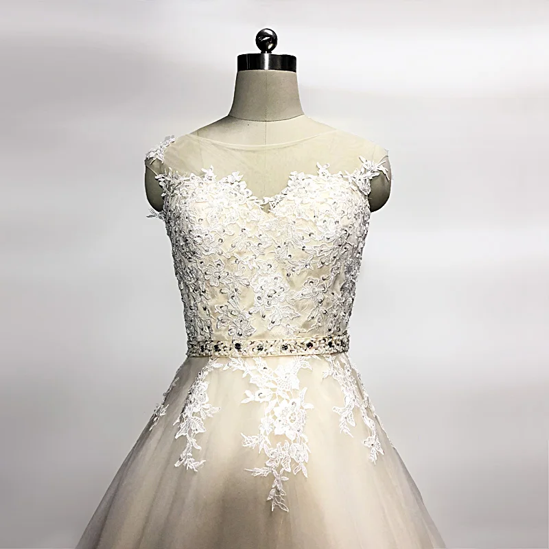 E JUE SHUNG Champagne Tulle Ivory Lace Appliques Wedding Dresses Detachable Beaded Sash Ball Gown Bridal Gowns