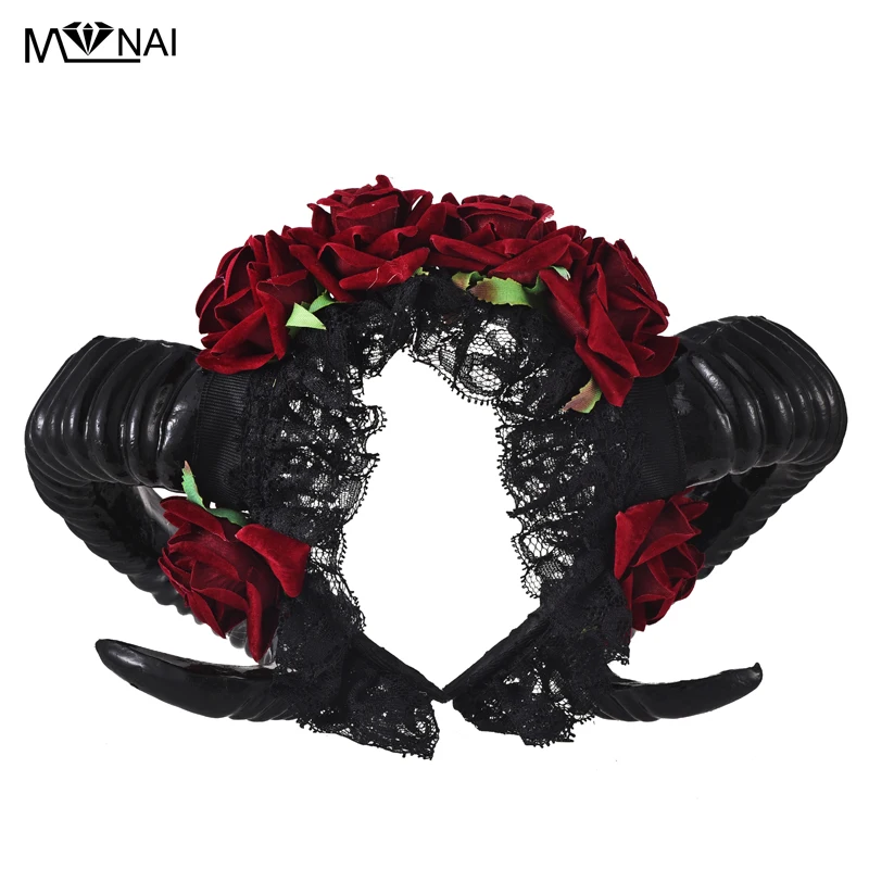 Cosplay Steampunk Sheep Horn Rose Flower Headband Halloween Lolita Demon Horns Black Veil Lace Retro Hair Hoop