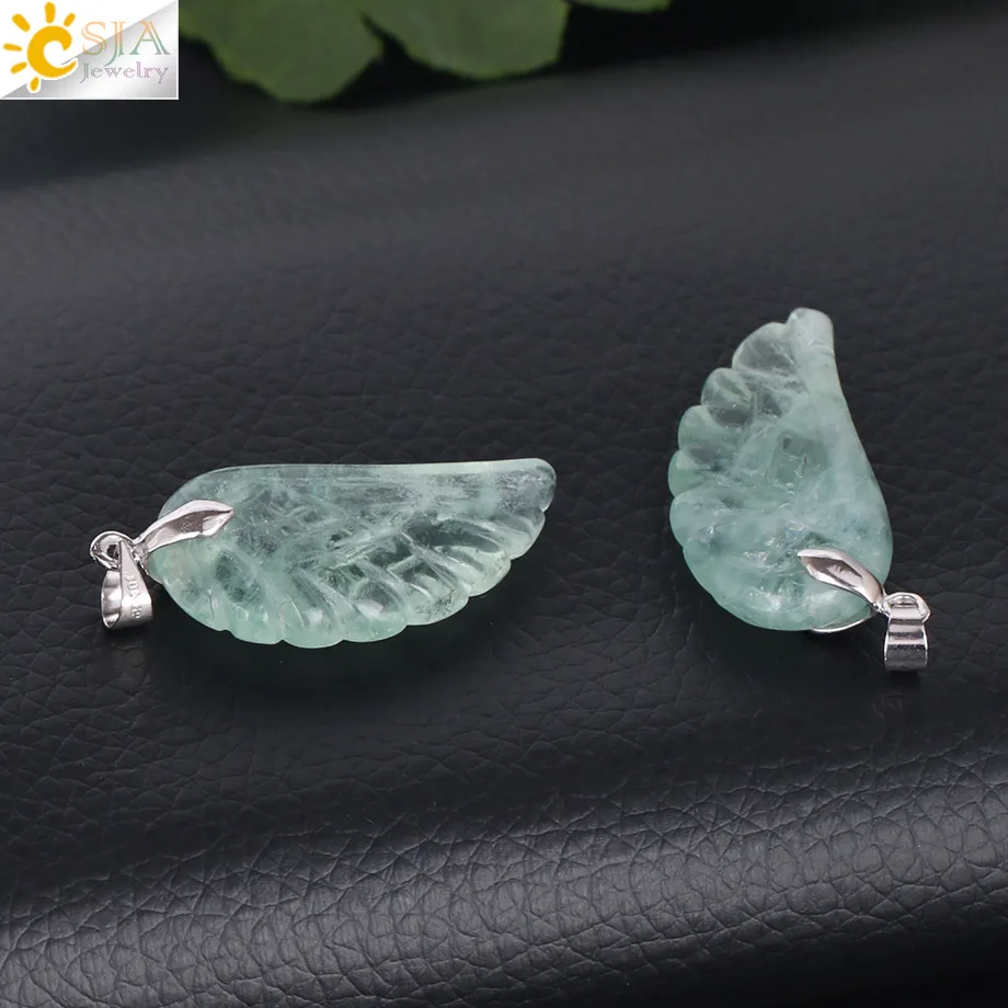 CSJA Green Fluorite Jewelry Natural Crystal Stone Carved Angel Wing Pendant Necklaces for Men Women Fashion Jewellery Lover F295