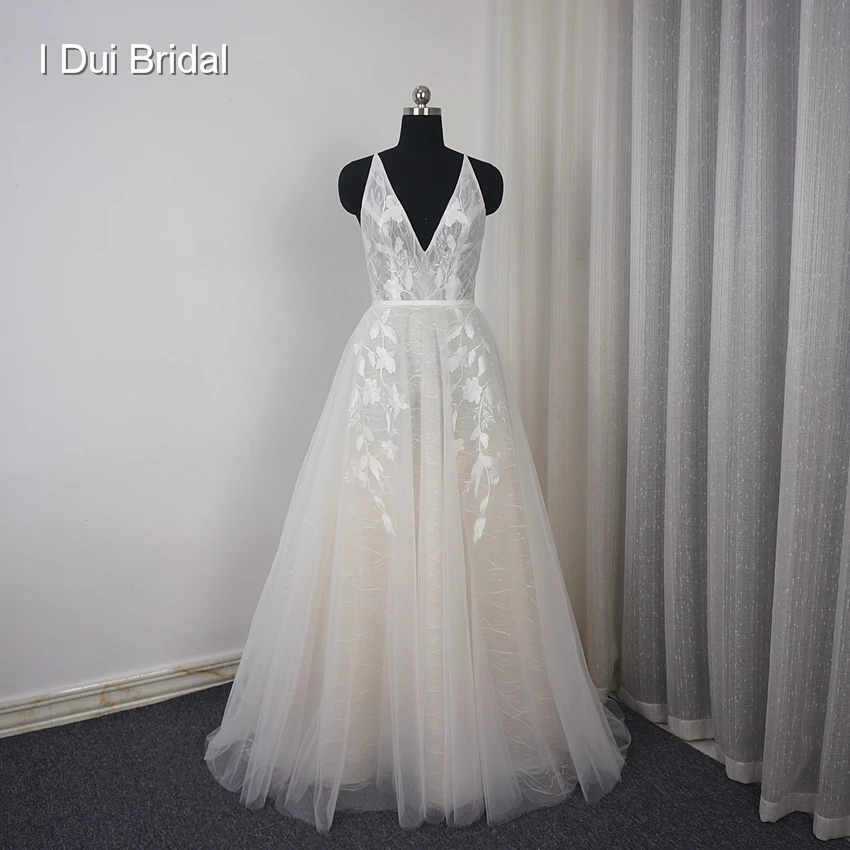 V Bãi Biển Cổ Wedding Dresses Đối Với Phụ Nữ 2022 Cô Dâu Real Photo Ren Appliqued Trần Trở Lại Bridal Gown