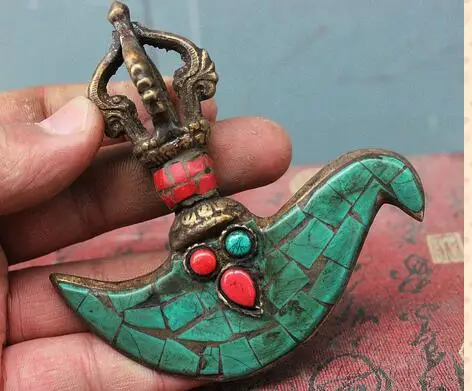 

Pure Copper Gilt Brass Old Tibet Religion Old Tibet Buddhism Bronze Turquoise Beast Head Phurba Dagger Holder Phurba Dagge