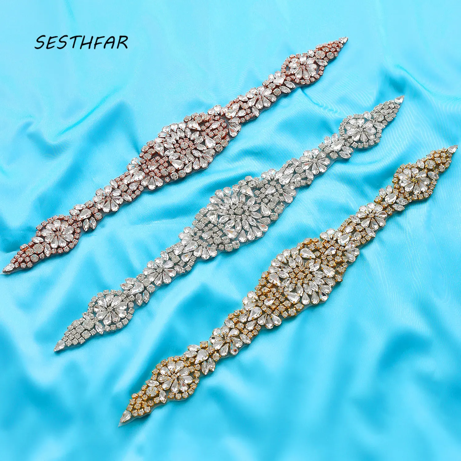 SESTHFAR Rhinestone Appliques For Crystal Wedding Belt Rose Gold Beads Sew On Rhinestone Appliques Bridal Accessories