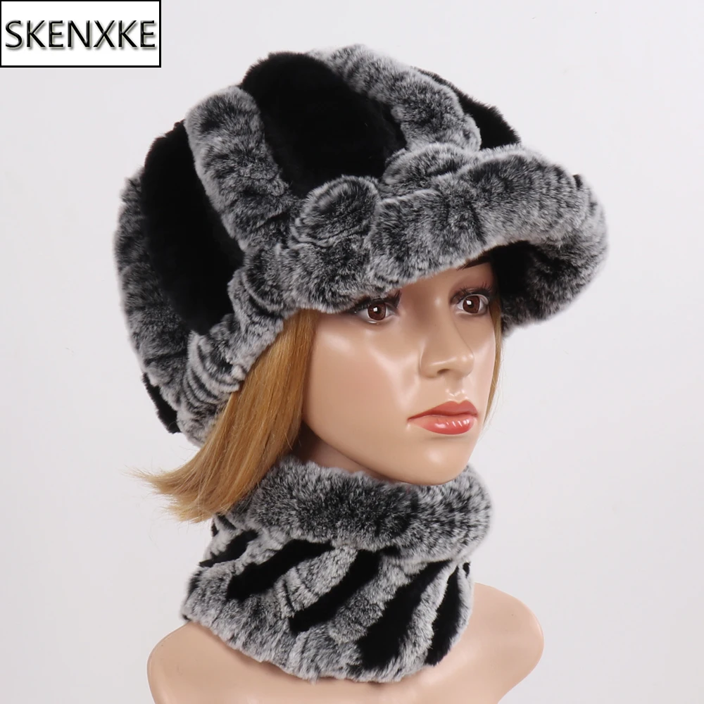 

New Arrival Winter Real Rex Rabbit Fur Scarves Hats Sets Women Knitted Real Fur Hat Scarf Set Women Good Elastic Fur Hat Muffle