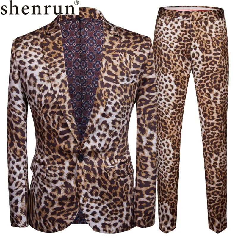 

SHENRUN Tide Men Plus Size DJ Night Club Leopard Print 2 Pieces Set Mens Suits With Pants Stage Singers Costume Casual Suit