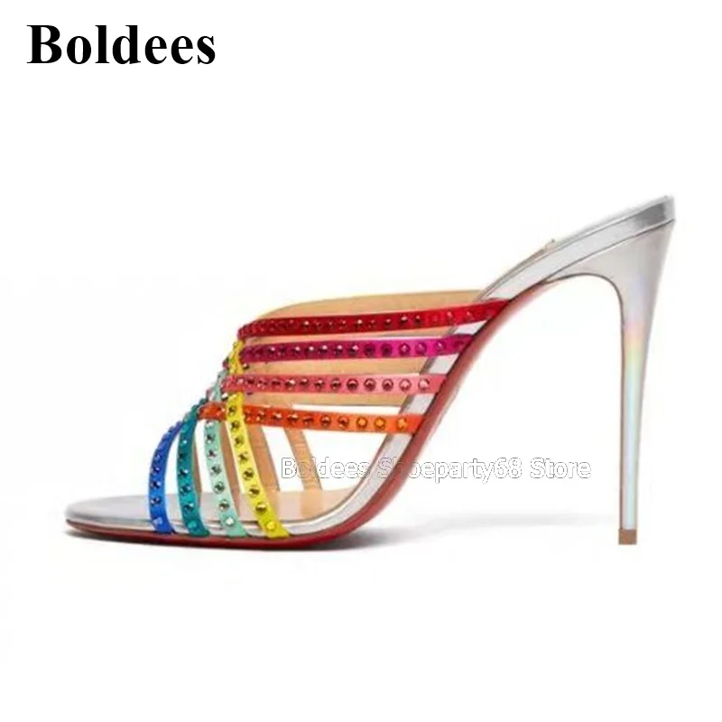 

Beautiful Colorful Crystal Cross Narrow Band Thin High Heel Sandals Women Sexy Open Toe Stiletto Heeled Rivet Slippers Mule