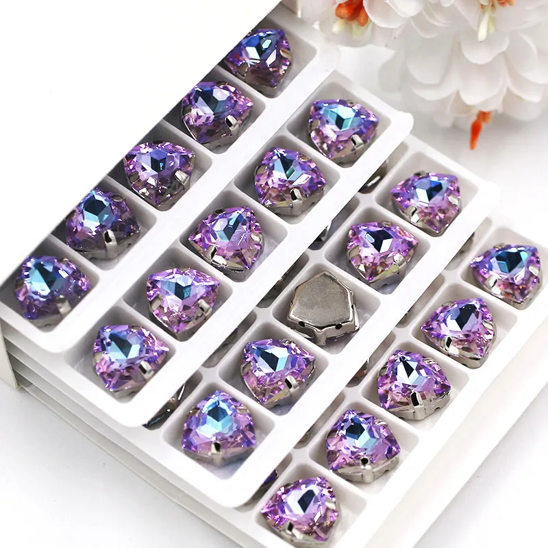 NEW 12mm Fat Triangle Bright purple rhinestones Glass Crystal sew on rhinestones sliver base with hole diy/clothing accessories