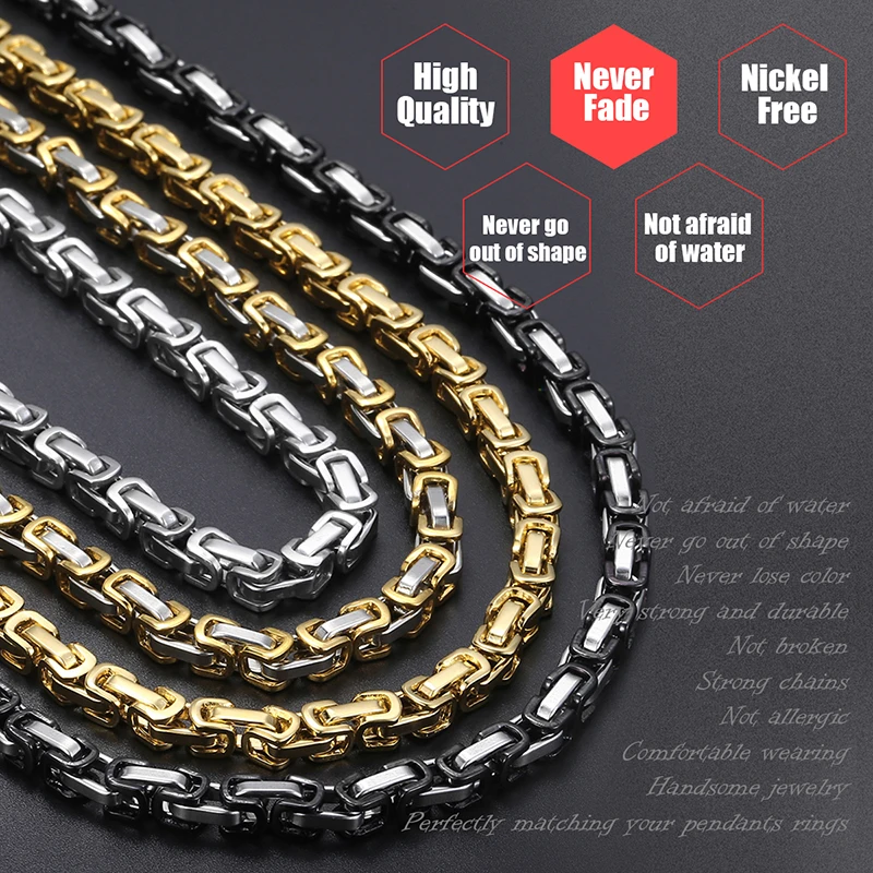 Men\'s Necklace Stainless Steel Byzantine Box Link Chain Necklaces Male Collar Fashion Jewelry Gifts 18-36\