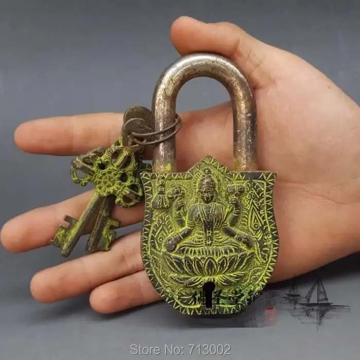 Old Pure Copper lock Vishnu God shape of the padlock And Two Key Lucky*