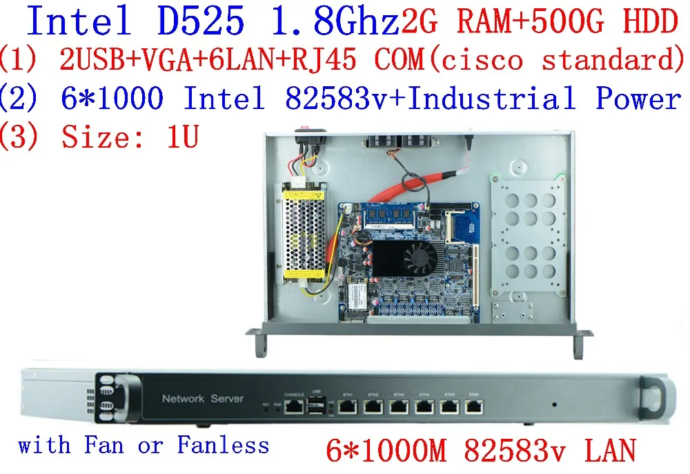 

Atom D525 1U firewall server dual core 6*Intel 1000M 82583V support ROS Mikrotik PFSense Panabit Wayos 2G RAM 500G HDD