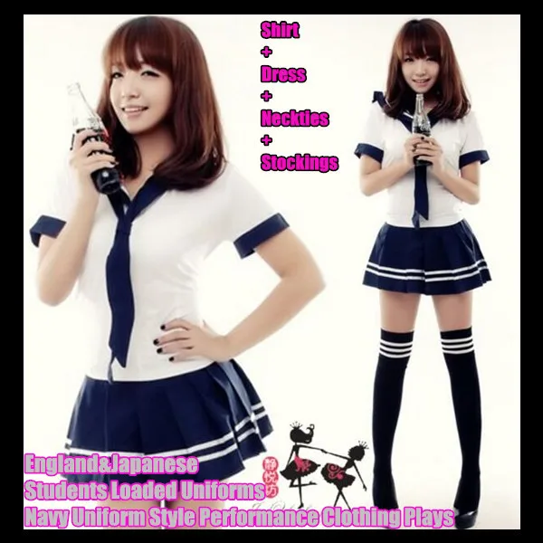 

England&Japan Girl Student Loaded Uniforms Suit (Shirt+Dress+Neckties+Stockings),Navy Uniform Style Performance Clothing Plays
