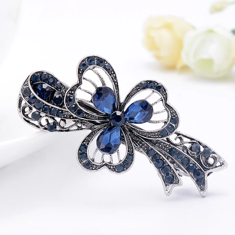 EASYA Vintage Blue Rhinestone Hairwear Butterfly Flower Hair Barrettes Women Hair Clips Retro Bow Hair Accessories Jewelry