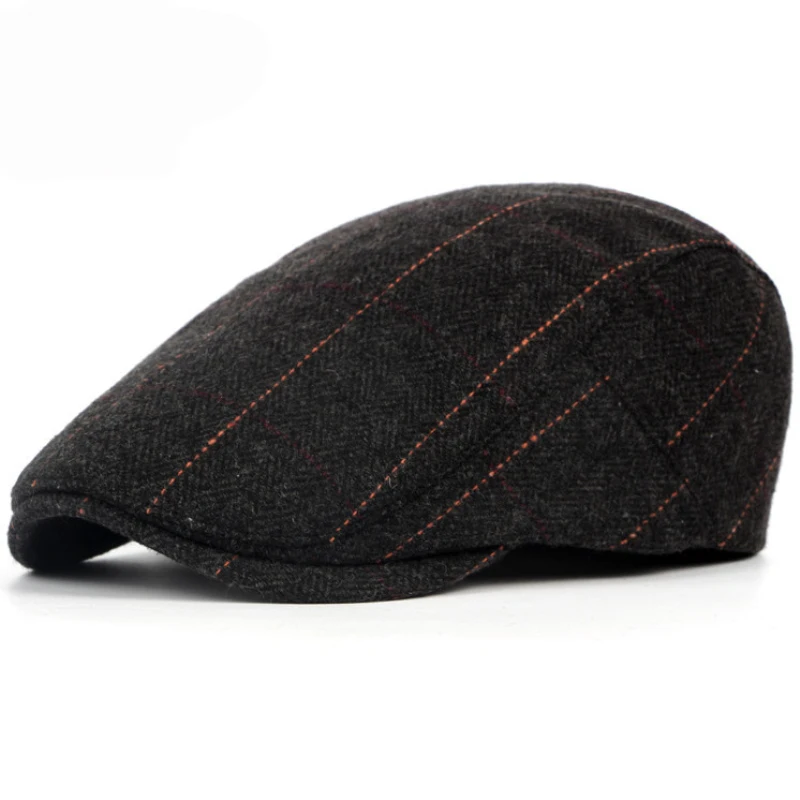 HT1329 Berets for Men Autumn Winter Men Cap Wool Beret Hat Retro Plaid Advanced Flat Cap Classic Vintage Striped Beret Cap