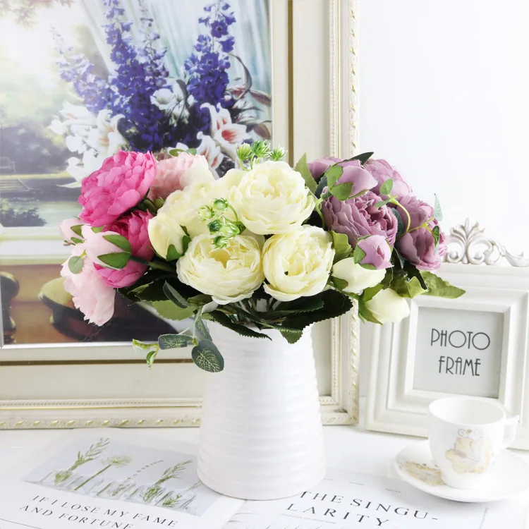 1 Bundle Silk Pfingstrose Bouquet Hause Dekoration Zubehör Hochzeit Sammelalbum Gefälschte Pflanzen Diy Pompons Künstliche Rosen Blumen – Detail 7
