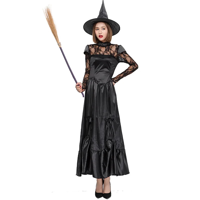 Zwarte Jurk Kostuum Heks Vampire Kostuum Vrouwen Maskerade Halloween Party Cosplay Kostuum