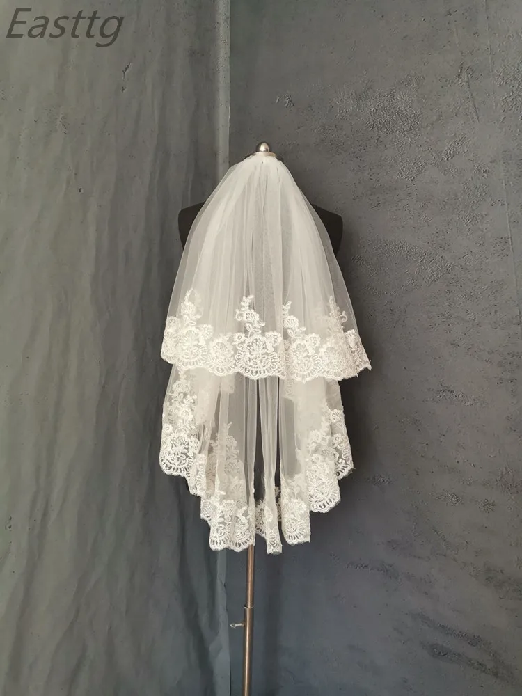 Voile De mariage blanc ivoire, longueur coude, deux couches, dentelle, accessoires De mariée avec peigne