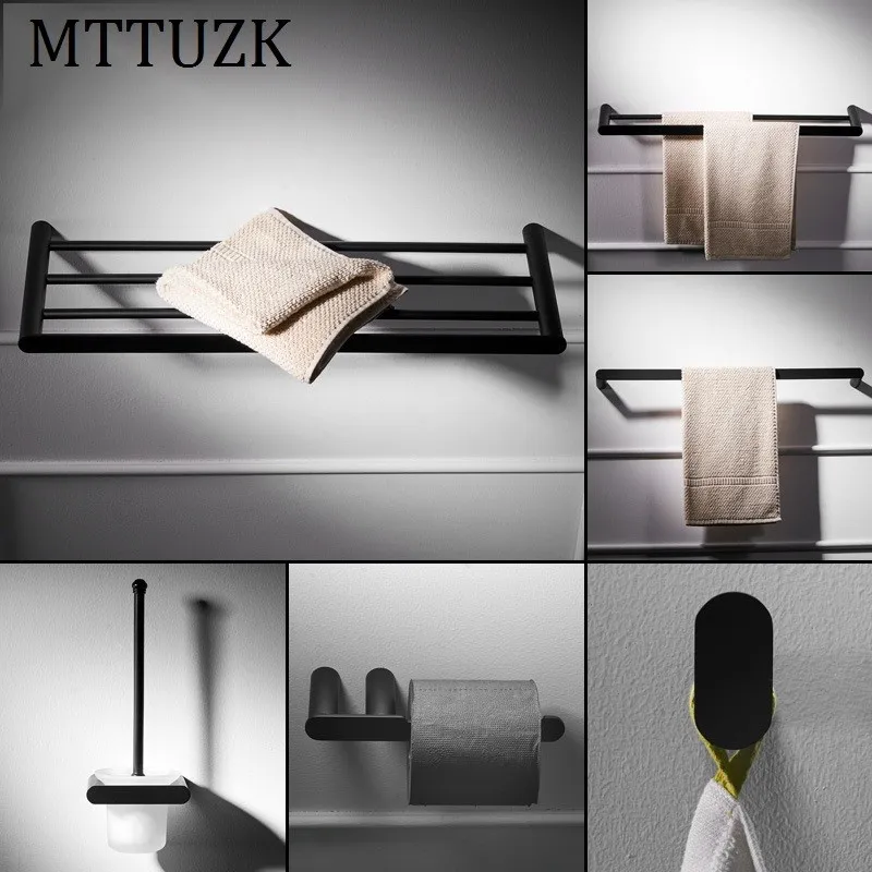 

MTTUZK 304 stainless steel bath towel rack, towel bar, matt black bathroom Shelf, bathroom hardware set, robe hook,Toilet brush