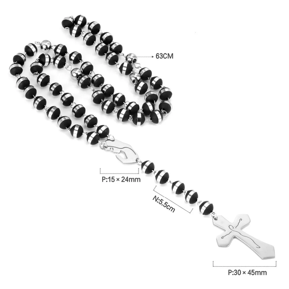 LUXUSTEEL Virgin Mary Cross Pendant Long Necklace For Women Men Stainless Steel Black Beads Silver Color Chain Rosary Jewelry